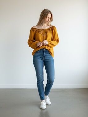 Easel Mustard Yellow Cotton Gauze Boho Peasant Top Small NWT